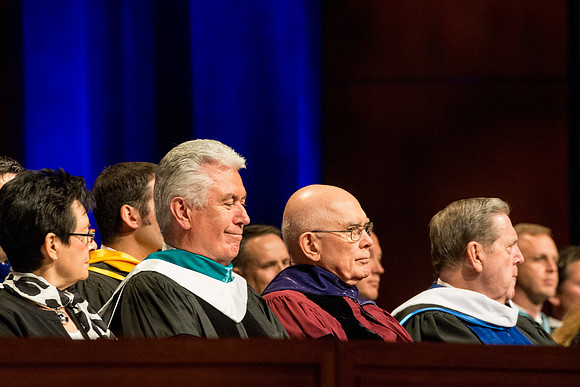 President and Sister Uchtdorf, Elder Oaks and Elder Holland on the stand. Photo by Erik Hill.