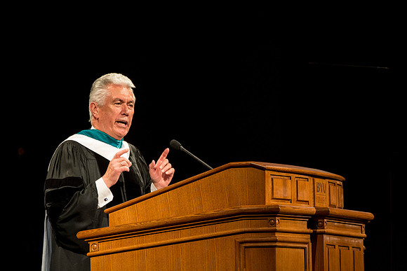 President Uchtdorf speaks at President Clark Gilbert's Inauguration. Photo by Erik Hill.