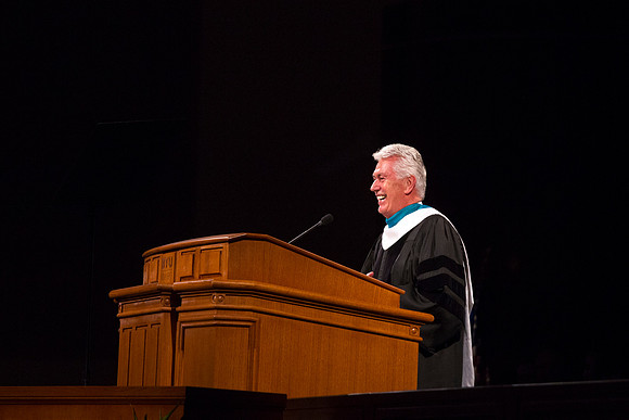 President Dieter F. Uchtdorf smiles during his inaugurational speech in the I-Center.