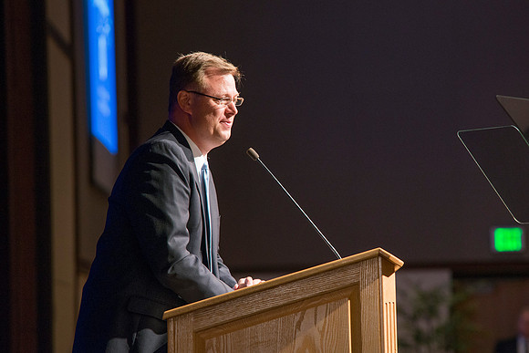 Pres Gilbert speaking at the Inauguration luncheon in the Manwaring Center Grand Ballroom.