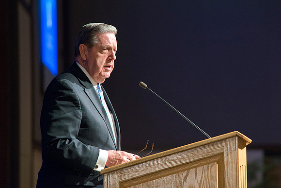 Elder Holland speaking at the Inauguration luncheon in the Manwaring Center Grand Ballroom.