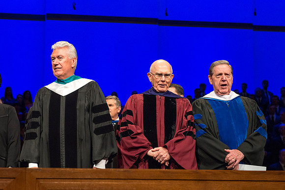 President Uchtdorf, Elder Oaks, Elder Holland at the start of the Inaugural ceremony for President Clark G. Gilbert.