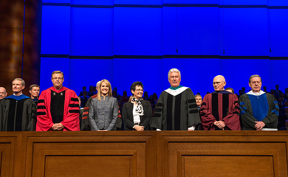 President Uchtdorf, Elder Oaks, Elder Holland and Elder Bednar at the start of the Inaugural ceremony for President Clark G. Gilbert.