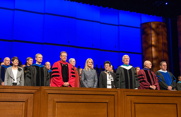 President Uchtdorf, Elder Oaks, Elder Holland and Elder Bednar at the start of the Inaugural ceremony for President Clark G. Gilbert.