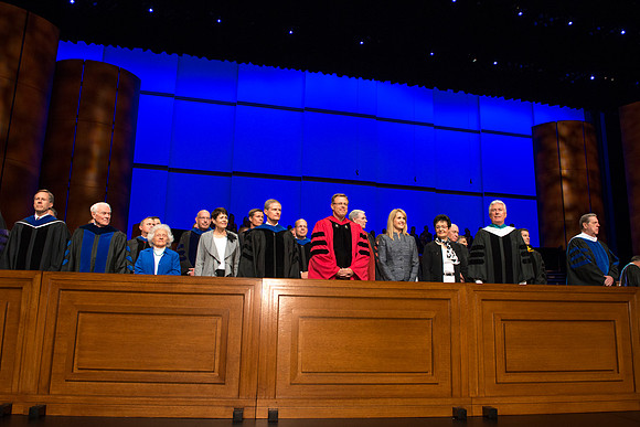 President Uchtdorf, Elder Oaks, Elder Holland and Elder Bednar at the start of the Inaugural ceremony for President Clark G. Gilbert.