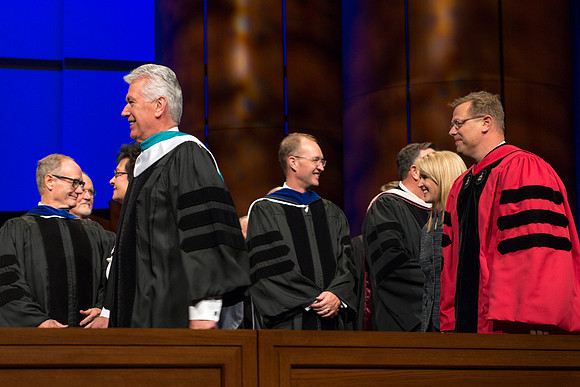 President Uchtdorf and Pres Clark G. Gilbert march in during the processional.