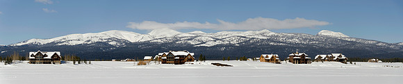 Panorama of cabins and Mountains in Island Park.