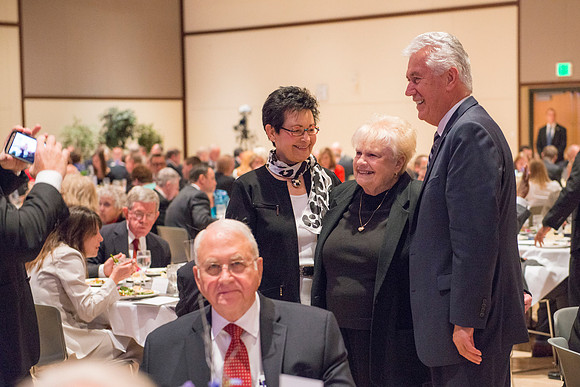 Inauguration luncheon in the Manwaring Center Grand Ballroom. President Uchtdorf greets members of President Gilbert's family.
