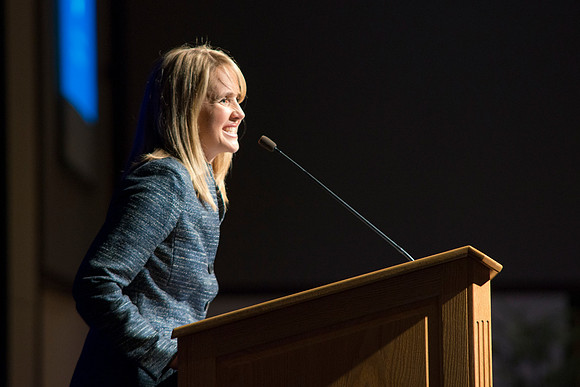 Sister Christine Gilbert speaks during the inauguration luncheon in the Manwaring Center Grand Ballroom.