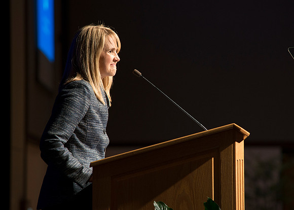 Sister Christine Gilbert speaks during the inauguration luncheon in the Manwaring Center Grand Ballroom.