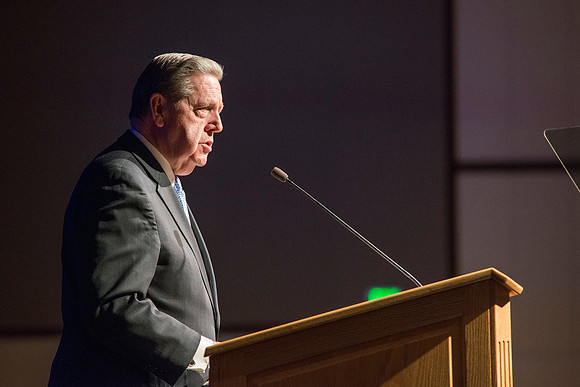 Elder Holland speaking at the Inauguration luncheon in the Manwaring Center Grand Ballroom.