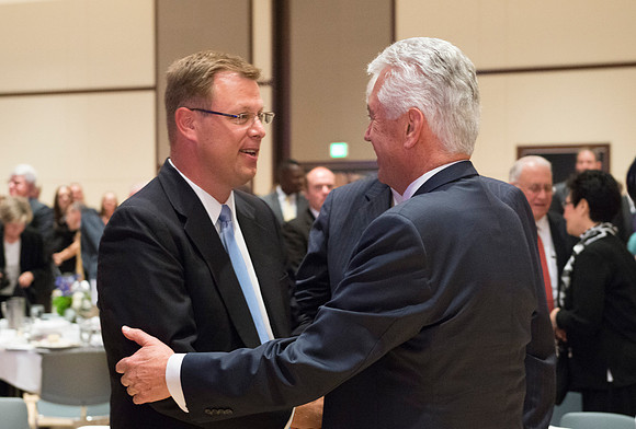 Inauguration luncheon in the Manwaring Center Grand Ballroom. President Uchtdorf greets President Gilbert.