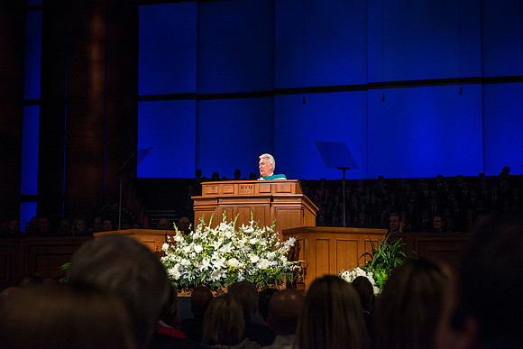 President Dieter F. Uchtdorf Second Counselor in the First Presidency of the church of Jesus Christ of Latter Day Saints gives his remarks during the inauguration of President Clark G. Gilbert.