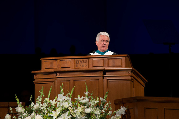 President Dieter F. Uchtdorf Second Counselor in the First Presidency of the church of Jesus Christ of Latter Day Saints gives his remarks during the inauguration of President Clark G. Gilbert.