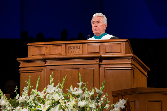 President Dieter F. Uchtdorf Second Counselor in the First Presidency of the church of Jesus Christ of Latter Day Saints gives his remarks during the inauguration of President Clark G. Gilbert.