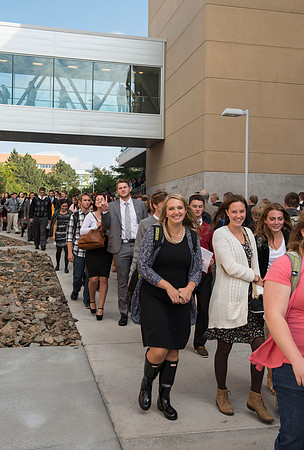 Students and guest exit the BYU-Idaho Center after the inauguration ceremony.