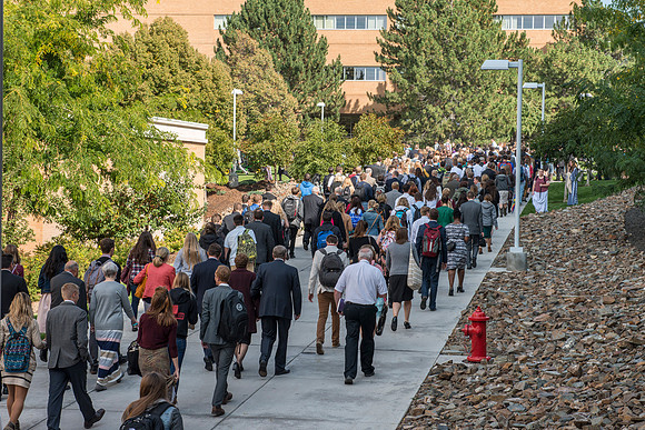 Students and guest exit the BYU-Idaho Center after the inauguration ceremony.