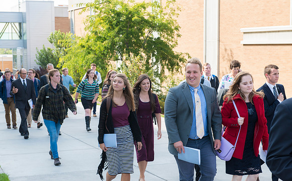 Students and guest exit the BYU-Idaho Center after the inauguration ceremony.