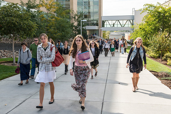 Students and guest exit the BYU-Idaho Center after the inauguration ceremony.