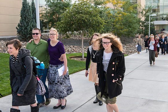 Students and guest exit the BYU-Idaho Center after the inauguration ceremony.