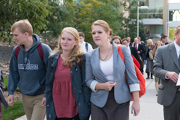 Students and guest exit the BYU-Idaho Center after the inauguration ceremony.