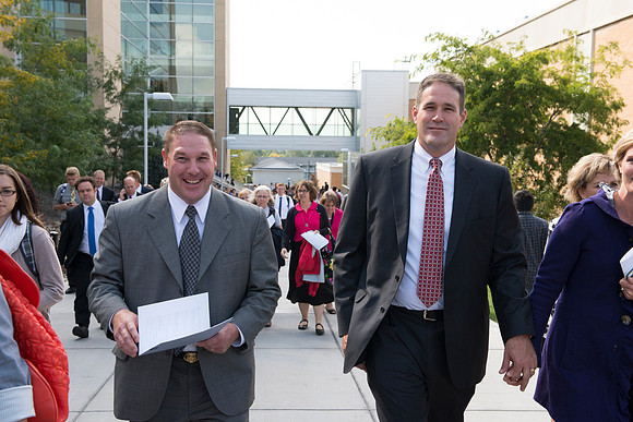 Students and guest exit the BYU-Idaho Center after the inauguration ceremony.