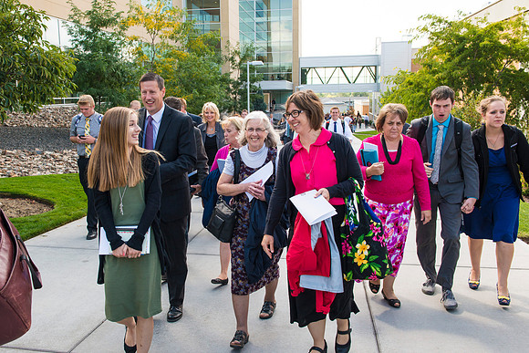 Students and guest exit the BYU-Idaho Center after the inauguration ceremony.