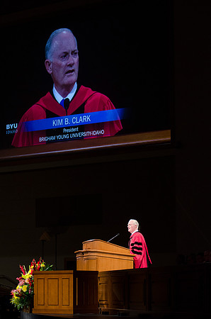 President Kim B. Clark gives a few remarks to the 2014 Winter Semester graduates during Commencement in the I-Center.