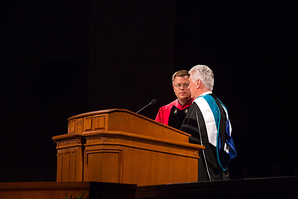 President Dieter F. Uchtdorf talks with President Clark G. Gilbert during the Inauguration.