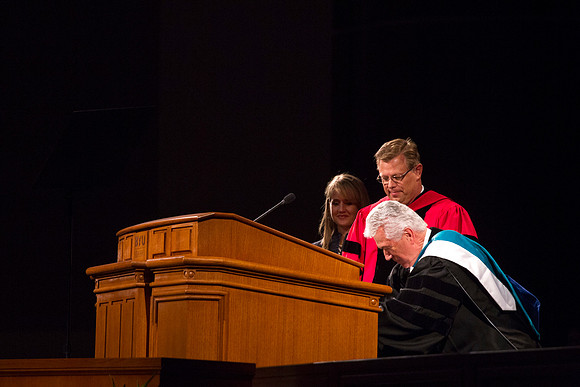 President Dieter F. Uchtdorf talks with President Clark G. Gilbert during the Inauguration.