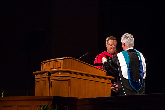 President Dieter F. Uchtdorf talks with President Clark G. Gilbert during the Inauguration.