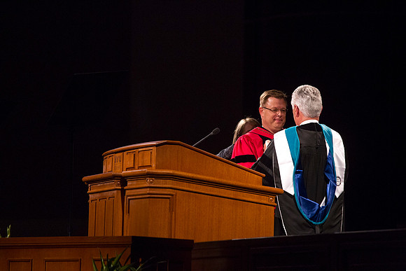 President Dieter F. Uchtdorf talks with President Clark G. Gilbert during the Inauguration.