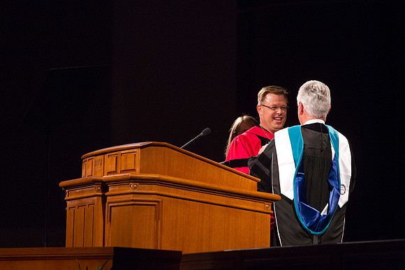 President Dieter F. Uchtdorf talks with President Clark G. Gilbert during the Inauguration.