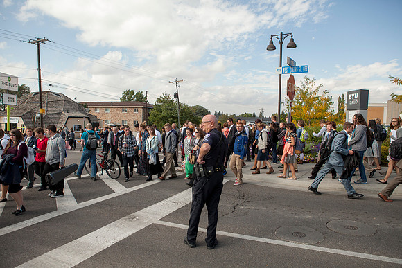 Students leave the I-Center after President Gilbert's Inauguration.