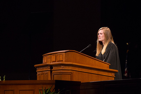 Gwynne C. Noel from the BYU-Idaho Student Representative Council, greets President Gilbert during the Inauguration.