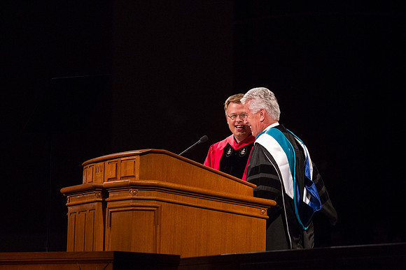 President Clark G. Gilbert and President Uchtdorf smile during the Inauguration.