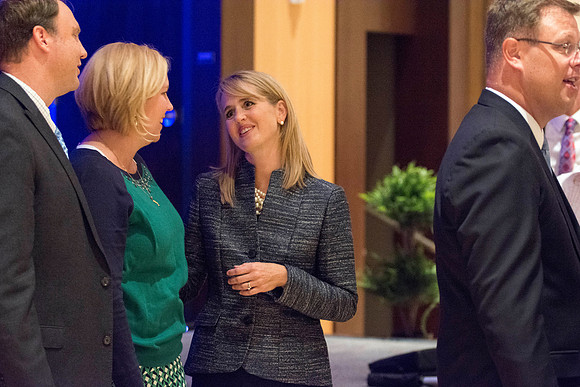 Guests, familiy and friends congratulate President and Sister Gilbert after the Inauguration Ceremony.