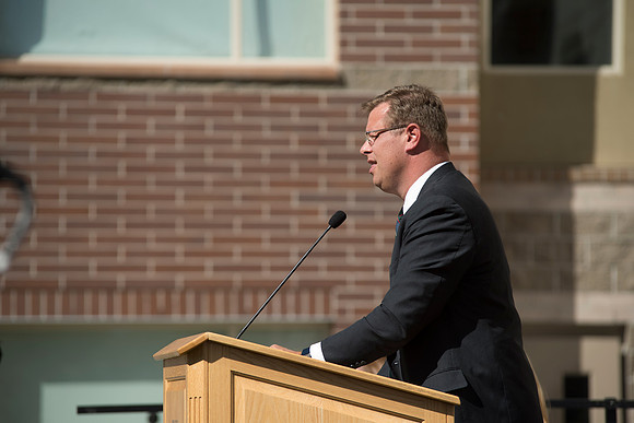 Presidnet clark G. Gilbert gave some remarks at the dedication program for the Centre Square Apatments.