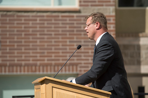 President clark G. Gilbert gave some remarks at the dedication program for the Centre Square Apatments.