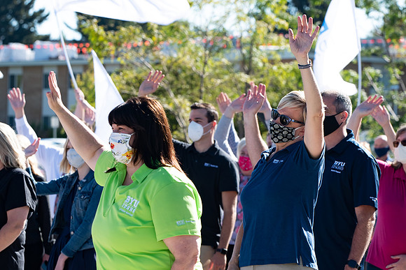Video production of Vice President, Amy LaBaugh. Examples of students and faculty staying safe and healthy during the COVID-19 pandemic by social distancing, following pathway arrows, and wearing face