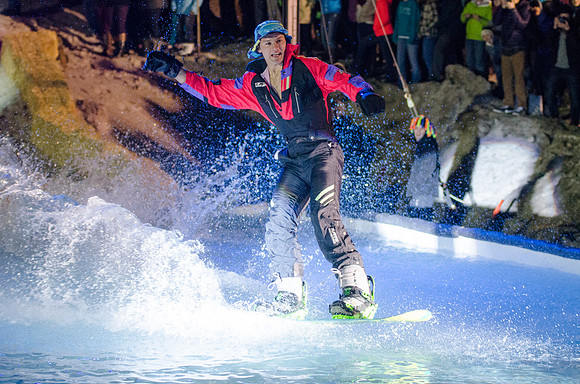 Students at Brigham Young University-Idaho take part in the annual Pond Skimming event held on campus at BYU-Idaho. Students wait in the cold or take the daring attempt to skim a pool of water using a