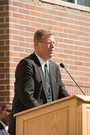 President Gilbert gives remarks at the dedication of the Center Square Apartments.