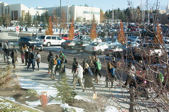 Student's walk to and from Devotional after the first snow fall of the semester.
