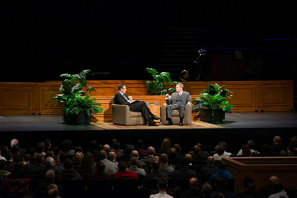 President Gilbert and Elder David A. Bednar Have a Q&A style meeting for the BYU-Idaho employees. Elder Bednar was the President during the transition of Ricks College to BYU-Idaho.