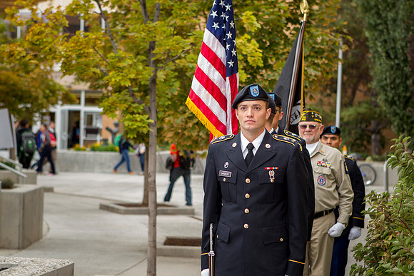 CDT Larsen, CDT Fackrell, CDT Lassond and CDT Yakana from the ROTC program, assist in the Constitution Day Ceremony held outside in the Ampitheater.