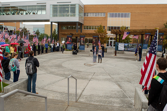 Two BYU-Idaho students sing the Star Spangled Banner during the Constitution Day Ceremony.