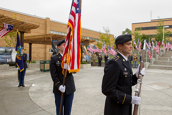 Cadet Larsen, Cadet Fackrell and Cadet Lassond retire the Colors.