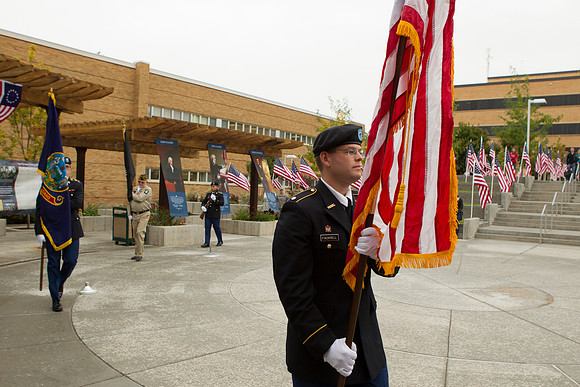 Cadet Larsen, Cadet Fackrell and Cadet Lassond retire the Colors.