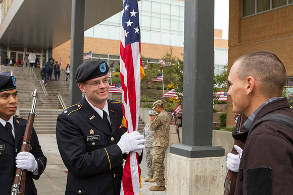 Cadet Fackrell converses with Cadet Bell after the Ceremony.
