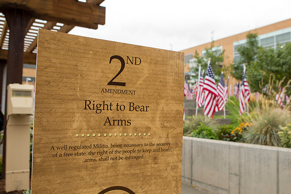 The Right to Bear Arms Poster displayed outside the library.